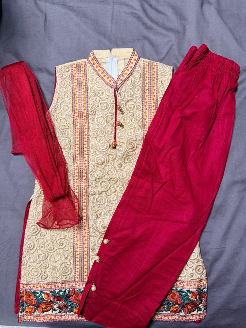 Embroidered Cream & Maroon Traditional Kurta Set